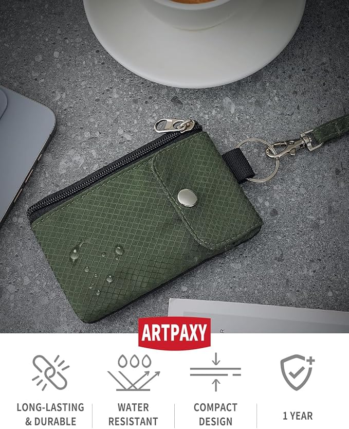 Minimalist Wallet For Mens Womens, Keychain RFID Blocking Zipper Small Wallet with ID Window 2 Lanyards,Water Resistant Travel Cash Card Coin Case Boys Girls