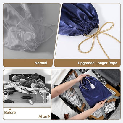 Ewen 7 Pack Satin Drawstring Shoe Bags with Blank Tags, 11.8x15.7in Dust Bags for Handbags Home Storage, Travel Essentials Small Packing Bag Dustproof, Dark Blue Purse Organizer Jewelry Organization