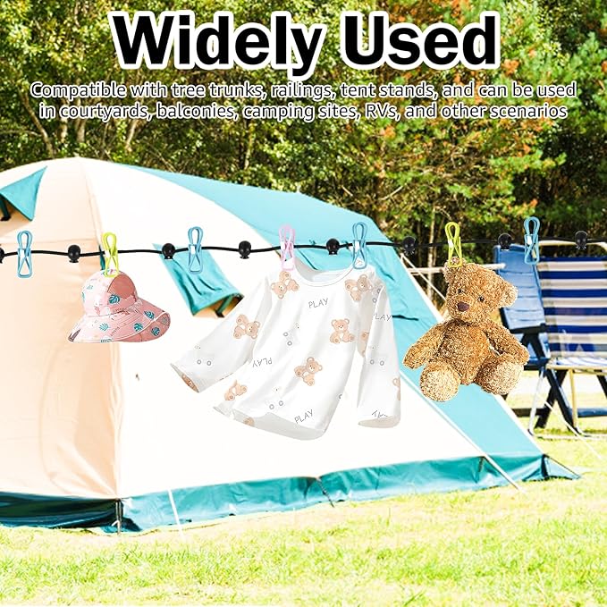 3 Pcs Travel Clothesline with 12 Colorful Clips, Portable Clothes Line Elastic Travel Clothesline for Indoor and Outdoor Balcony Outdoor Camping Use