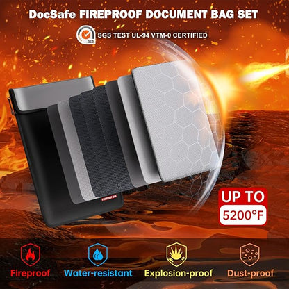 DocSafe Fireproof Document Bag (5200℉) with Fireproof Organizer Travel Case,Heat Insulated Fire＆Water Resistant 8 Layers Safe Money Bag Storage for Important Documents,Cash,Power Bank,Valuables,Black