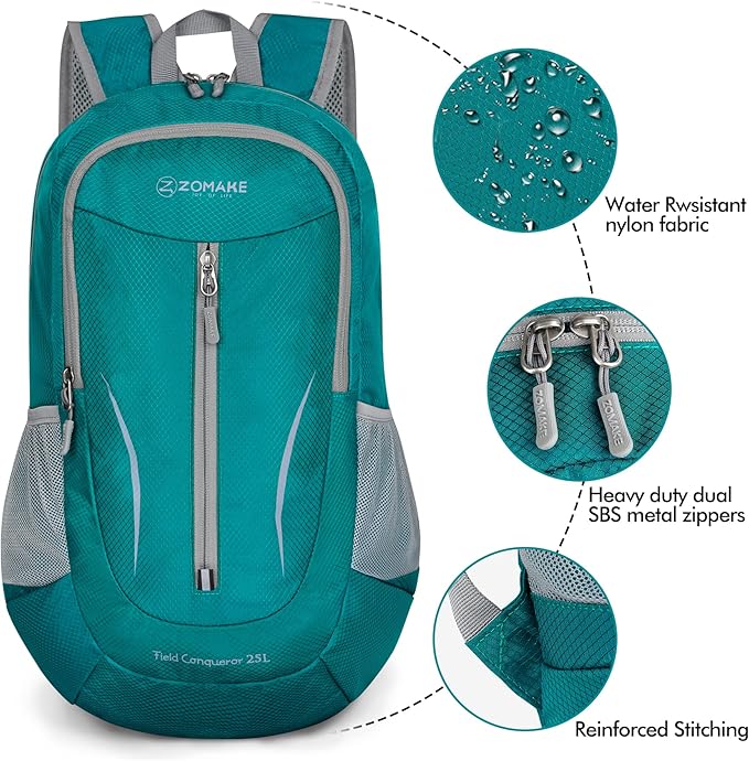 ZOMAKE Ultra Lightweight Packable Backpack 25L, Foldable Hiking Backpacks Water Resistant Small Folding Daypack for Travel(Lake Green)