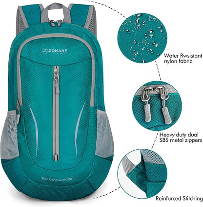 ZOMAKE Ultra Lightweight Packable Backpack 25L, Foldable Hiking Backpacks Water Resistant Small Folding Daypack for Travel(Lake Green)