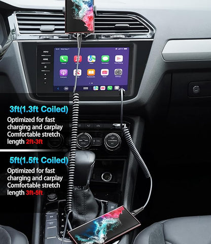 PRAKIE Coiled USB C Cable Fast Charging for Car 3FT/5FT, USB A to USB C Cable, Type C Charge Cord USB-C Charging Cable Compatible with iPhone 17/16/15/Samsung Galaxy S20 and More USB C Devices-Black