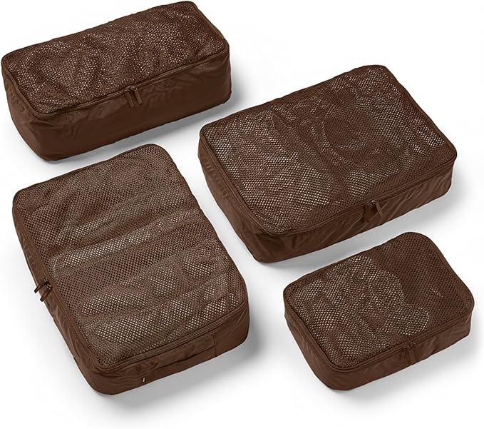 Packing Cells - 4 Set Packing Cubes Luggage Organizer Bags (S, M, 2 x L), Must-Have Suitcase Organizer for Travel, Road Trip & Camping Accessories, Stain-proof, Washable, 3 Sizes - Dark Brown