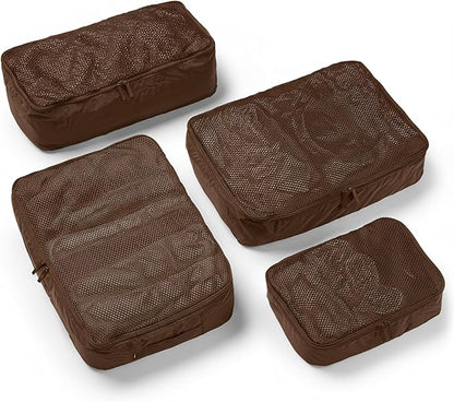 Packing Cells - 4 Set Packing Cubes Luggage Organizer Bags (S, M, 2 x L), Must-Have Suitcase Organizer for Travel, Road Trip & Camping Accessories, Stain-proof, Washable, 3 Sizes - Dark Brown