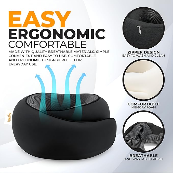 EdgeVoy™ Travel Neck Pillow, Memory Foam Travel Pillow for Airplanes, 360º Ergonomic Design, Asymmetrical Sides, Washable Modal Cover, Ideal for Travel, Car Rides, & Home Use (Black)