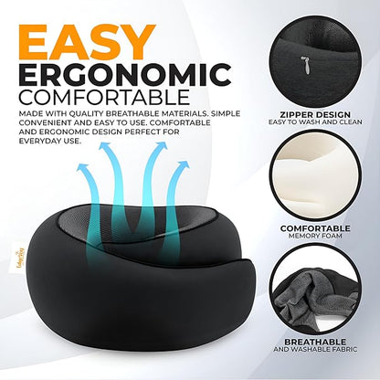 EdgeVoy™ Travel Neck Pillow, Memory Foam Travel Pillow for Airplanes, 360º Ergonomic Design, Asymmetrical Sides, Washable Modal Cover, Ideal for Travel, Car Rides, & Home Use (Black)