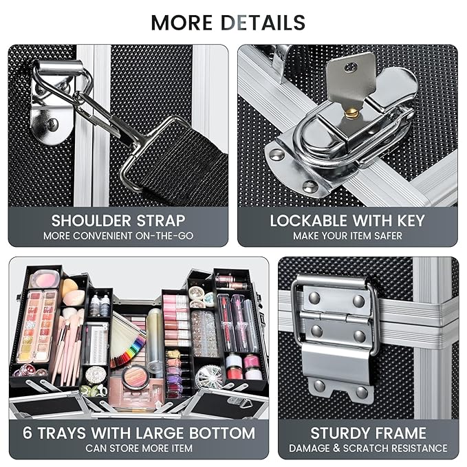 FRENESSA Makeup Train Case Makeup Case 12.6 Inch Large Cosmetic Box Organizer Travel Storage Professional Make Up Train Carrying Case with 6 Trays Locking Shoulder Strap Hard Vanity Storage Black