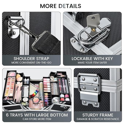 FRENESSA Makeup Train Case Makeup Case 12.6 Inch Large Cosmetic Box Organizer Travel Storage Professional Make Up Train Carrying Case with 6 Trays Locking Shoulder Strap Hard Vanity Storage Black