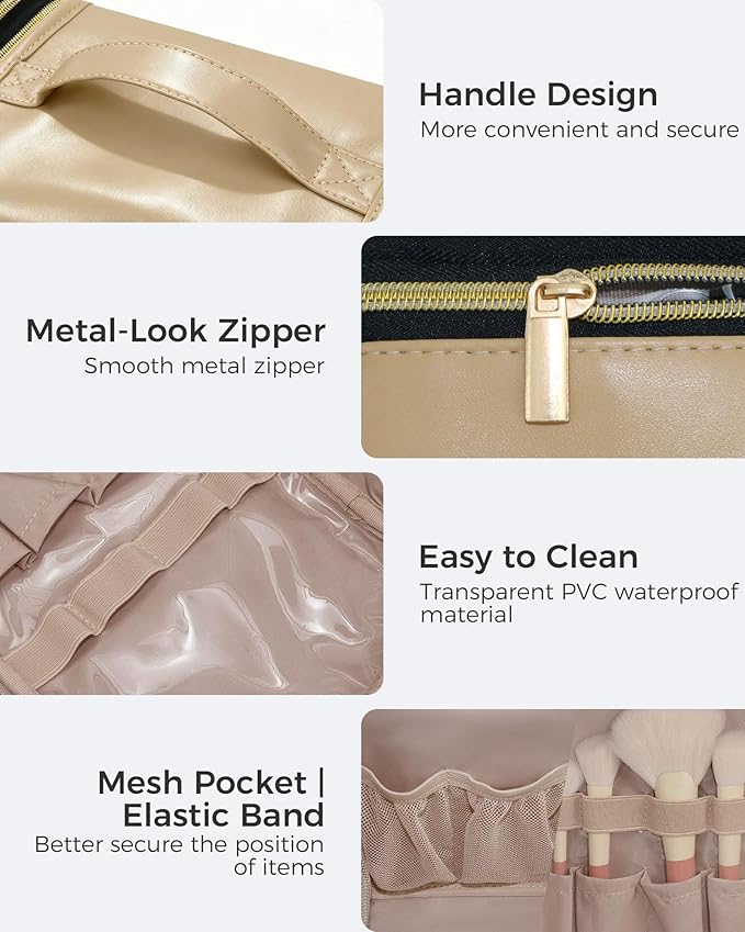 Hanging Toiletry Bag, PU Leather Makeup Bag Large Capacity with Jewelry Organizer for Brushes Set, Cosmetic Accessories, Khaki