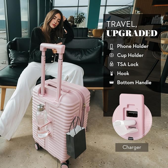 Nine West Suvi 20" Inch Smart Carry On Luggage with Wheels, Hardshell Suitcase with Cup Holder & USB Port for Charging, Airline Approved Cabin Bag Muted Lilac