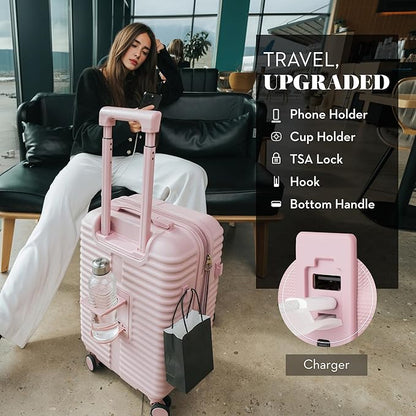 Nine West Suvi 20" Inch Smart Carry On Luggage with Wheels, Hardshell Suitcase with Cup Holder & USB Port for Charging, Airline Approved Cabin Bag Muted Lilac