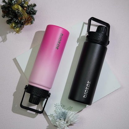 BJPKPK 2 Pack Insulated Water Bottles with Straw Lids, 18oz Stainless Steel Metal Water Bottle with 6 Lids, Leak Proof BPA Free Jugs, Cups, Flasks for Travel, Sports (Cherry+Black)