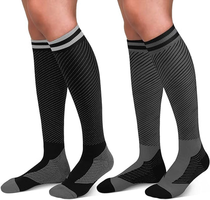 30-40mmHg Medical Graduated Compression Socks for Women&Men Circulation-Compression Stockings-Knee High Socks for Support,Hiking,Running(2 Pack Strip Black Grey,L-XL)