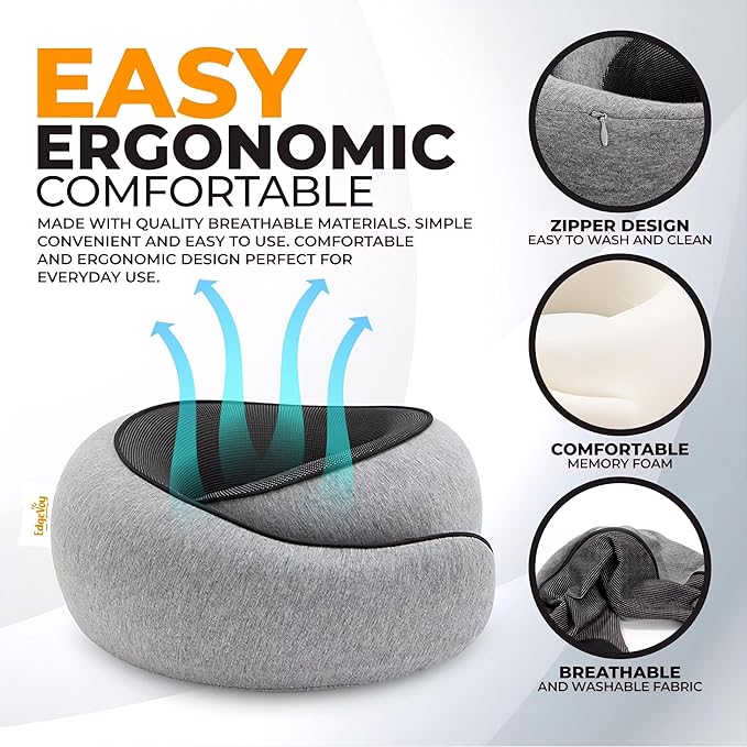 EdgeVoy™ Travel Neck Pillow, Memory Foam Travel Pillow for Airplanes, 360º Ergonomic Design, Asymmetrical Sides, Washable Modal Cover, Ideal for Travel, Car Rides, & Home Use (Gray)