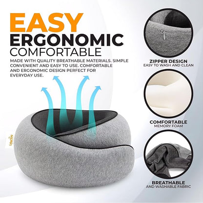EdgeVoy™ Travel Neck Pillow, Memory Foam Travel Pillow for Airplanes, 360º Ergonomic Design, Asymmetrical Sides, Washable Modal Cover, Ideal for Travel, Car Rides, & Home Use (Gray)