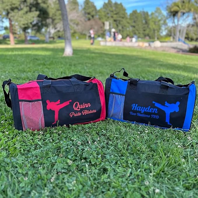 KishKesh Personalized Kids Sports Duffel Bag – Ideal for Martial Arts, Gym, Travel, Training & Workout for Male – Durable, Costumizable Name & Text – Red, 18" x 10" x 8"