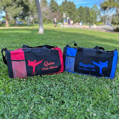 KishKesh Personalized Kids Sports Duffel Bag – Ideal for Martial Arts, Gym, Travel, Training & Workout for Male – Durable, Costumizable Name & Text – Red, 18" x 10" x 8"