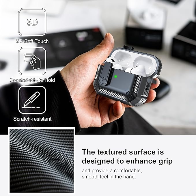 RFUNGUANGO for AirPods Pro 2nd Generation Case Cover with Cleaner Kit, Military Hard Shell Protective Armor with Lock for AirPod Gen 2 Charging Case 2023,2022, Front LED Visible,Grey