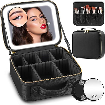 Makeup Bag with Mirror and Light 3 Colors, Travel Make up Bag with Mirror Portable Lighted Makeup Case Organizer Cosmetic Case with 2-Layers Adjustable Dividers & 10X Magnifying Mirror(Black)