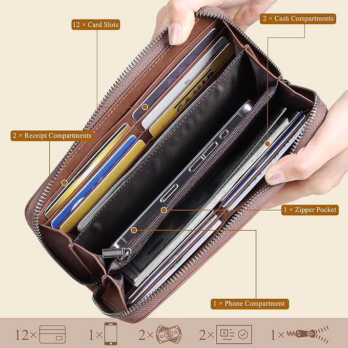 VISOUL Leather Long Zipper Pouch Wallet for Men and Women with RFID Blocking, Large Clutch Cash Long Wallet with Zipper (Brown)