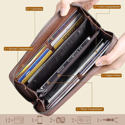 VISOUL Leather Long Zipper Pouch Wallet for Men and Women with RFID Blocking, Large Clutch Cash Long Wallet with Zipper (Brown)