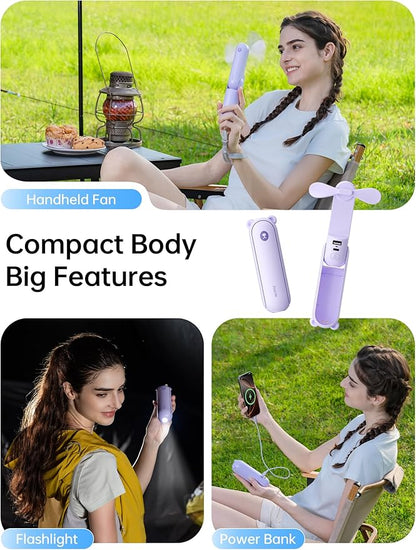 JISULIFE Handheld Fan with 4500 mAh Powerbank Max 37 Hours Runtime, Pocket Portable Battery Operated or USB Powered Folding Personal Fan, 3 Speeds, Gifts for Women Men Kids Gift for Festival-Purple