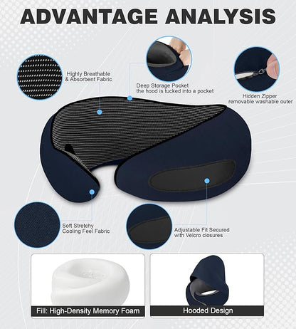 Travel Neck Pillow, Newly Upgraded Hooded Neck Pillow , 100% Pure Memory Foam Travel Pillow for Flight Headrest Sleep,Windproof and heat preservation,Suitable for use in Outdoor/Plane/Car/Office