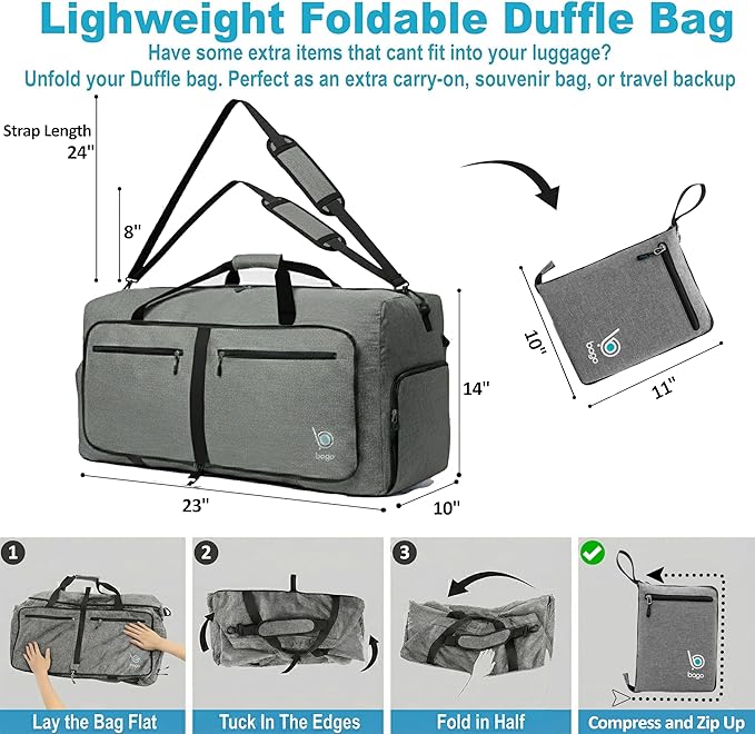 Bago Foldable Duffel Bags for Traveling Women & Men - 60L Medium Packable Duffle Bag for Travel with Shoe Compartment - Water Repellant, Heavy Duty, Lightweight Folding & Collapsible (SnowGray)