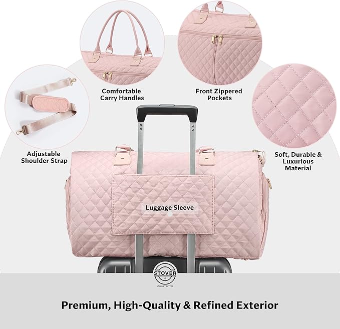 STOVER Women’s Convertible Garment Duffel Bag for Travel – 2-in-1 Carry-On Weekender/Overnight Tote - Wrinkle-Free Dresses, Hanging Suits & Clothes Plus Shoe Compartment & Bonus Toiletry Bag (Pink)