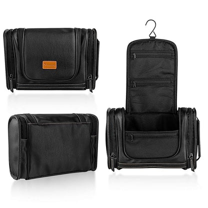 MIRASON Travel Toiletry Bag, Hanging Toiletry Bag for Men, Leather Travel Shower Bag for Toiletries Dopp Kit Bathroom Bag with Metal Hook Gift for Men (Black)