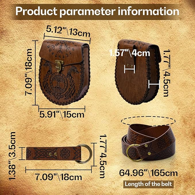 Nordic Embossed Belt Pouch Vintage Portable Waist Bag Renaissance Belt Set Medieval Side Pack for Cosplay Accessories (Brown)