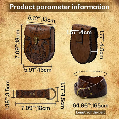 Nordic Embossed Belt Pouch Vintage Portable Waist Bag Renaissance Belt Set Medieval Side Pack for Cosplay Accessories (Brown)