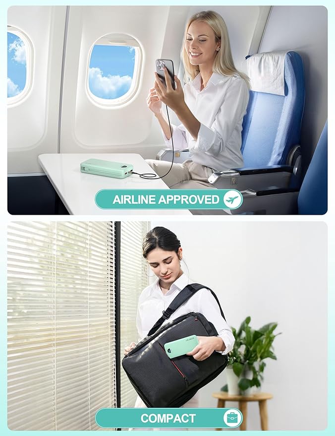 Portable Charger Power Bank, 20000mAh 22.5W USB C Fast Charging with Built-in Cables & Wall Plug, External Battery Pack with LED Display, Travel Essential for iPhone, iPad, Samsung Green