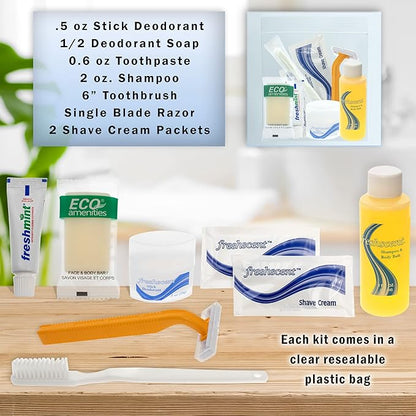Moda West 24 Kits - Bulk Case of Wholesale Adult Basic Toiletries for Men, Women, Travel, Charity, Homeless Shelters, Cotton/Polyester Blend, Shampoo, Deodorant, Toothpaste, 24 Pre-Packaged Kits