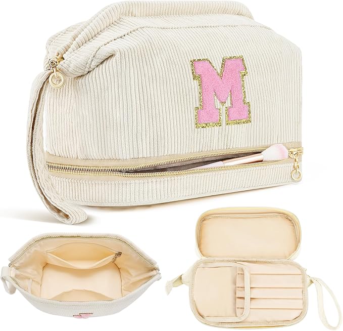 Makeup Bag for Girls Gift, Personalized Christmas Gifts Initial Women Makeup Bag for Travel, Double Layer Cosmetic Bag with Brush Organizer Preppy Make up Bag for Teen Girl Trendy - M