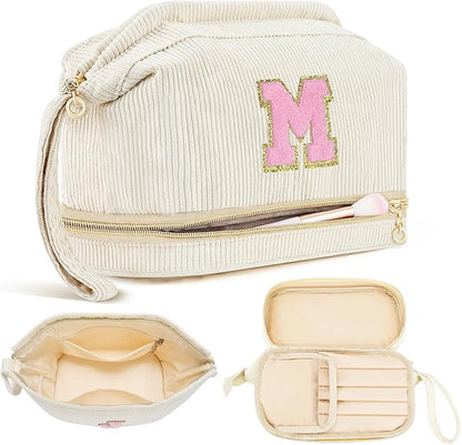 Makeup Bag for Girls Gift, Personalized Christmas Gifts Initial Women Makeup Bag for Travel, Double Layer Cosmetic Bag with Brush Organizer Preppy Make up Bag for Teen Girl Trendy - M