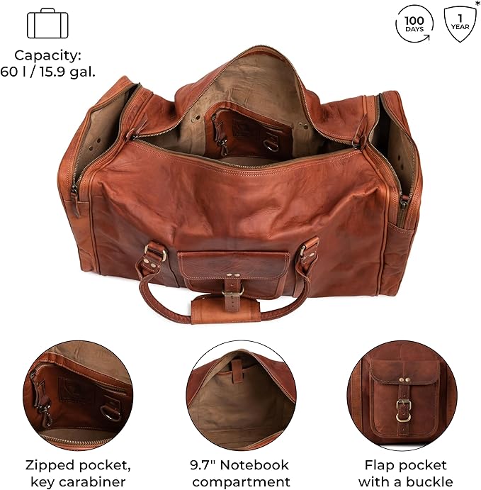 Berliner Bags Vintage Genuine Leather Duffle Bag New York XXL for Travel or the Gym, Weekender, Travel Bag, Overnight Bag for Men and Women - Brown