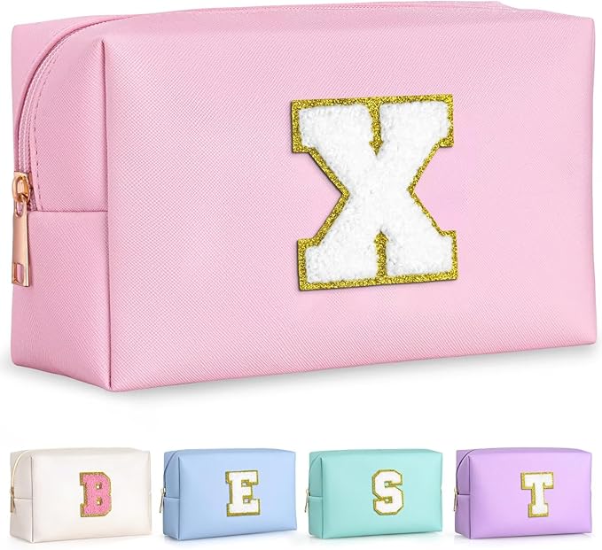 TOPEAST Initial Makeup Bags for Women, Personalized Portable Cosmetic Bag with Zipper, Cute Makeup Pouch, Bridesmaid Gifts for Wedding Day, Girl Trendy Stuff(Pink X)