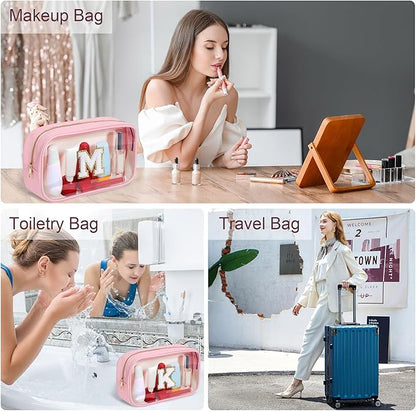 YOOLIFE Initial Birthday Gifts for Girls Kids Clear Makeup Bag Preppy Cosmetic Bags Organizer Travel Essentials Pink Gifts for Girls Teen Girlfriend Teacher Kids Birthday Gift Preppy Stuff M