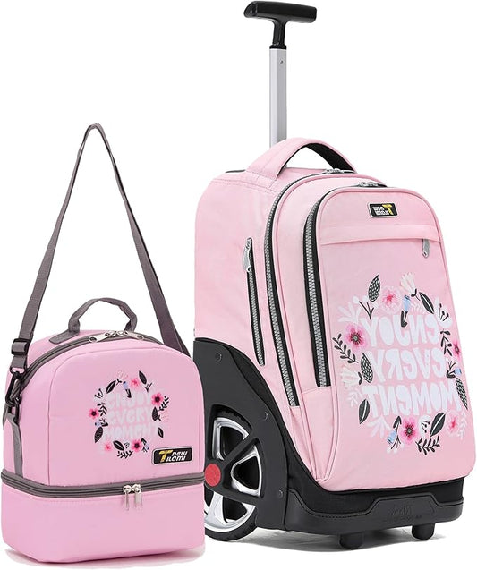 NEW TILAMI Rolling Backpack 19 inch with Lunch Bag Teens Cute Wheeled Computer Laptop Backpack Bookbag Roller Travel Bag College, Flower Pink