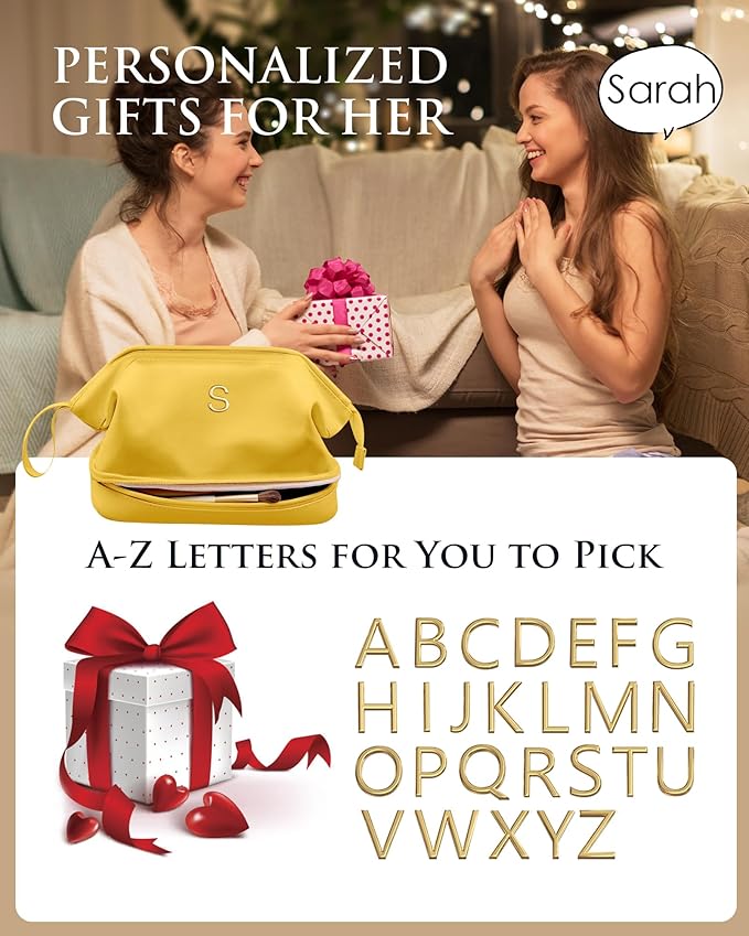 Gift Ideas for Mom, Initial Makeup Bag, Travel Gifts, Personalized Bags, Waterproof Double Layer Cosmetic Bag, Large Capacity PU Leather Makeup Bags Letter Travel Toiletry Bag, Friend Gifts