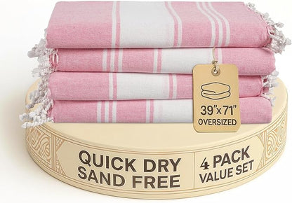 LANE LINEN Turkish Beach Towel Set of 4 - Beach Towels, Pre-Washed Pool Towel, Extra Large Beach Towel, Quick Dry & Sand Free, Absorbent Travel Towel, 39"x71" - Candy Pink
