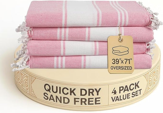 LANE LINEN Turkish Beach Towel Set of 4 - Beach Towels, Pre-Washed Pool Towel, Extra Large Beach Towel, Quick Dry & Sand Free, Absorbent Travel Towel, 39"x71" - Candy Pink