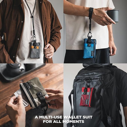 VULKIT Small RFID Wallet for Women & Men – Minimalist Zipper Wallet with ID Window, Keychain & Carabiner, Holds 15 Cards, Water Resistant Travel Lanyard Wallet Red