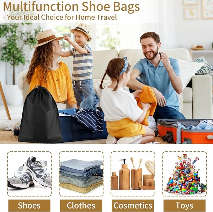 50 Pack Shoe Bags for Travel, 15.7" x 11.8" Black Travel Shoe Bags for Packing, Large Waterproof Portable Drawstring Travel Shoe Storage Bag Travel Essentials Women for and Men