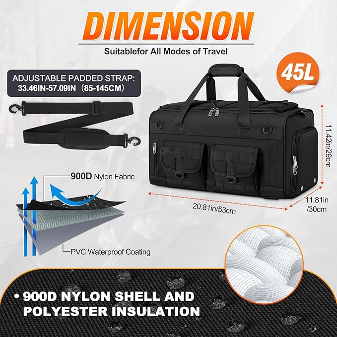 RAINSMORE Gym Bag for Men, 45L Sports Duffel Bag with Shoe Compartment Gym Backpack Carry On Weekender Bag Overnight Backpack Carry On,Black