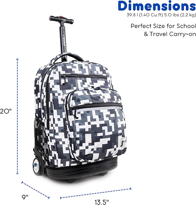 J World Sundance Laptop Rolling Backpack for Girls Boys. Roller Bookbag with Wheels, Camo