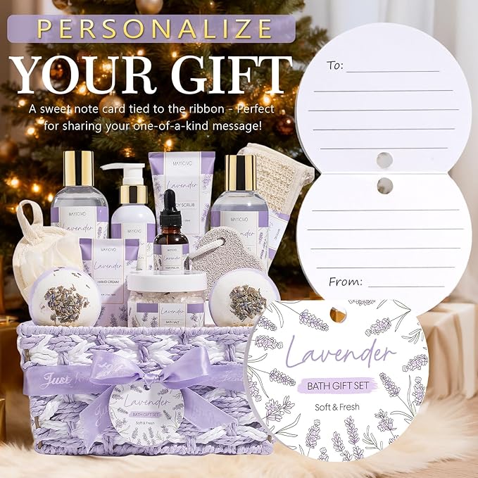 Christmas Birthday Gifts for Women, Lavender Relaxing Spa Gift Baskets for Women Self Care Package Bath Gift Set, Home Bath and Body Kit Pamper Gifts for Womens Mom Her Friends Sister Wife Girlfriend