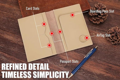 STAR VISTA Albatross Leather Travel Passport Holder, Minimalist Design, Calfskin Leather Case for Women and Men - Slim Passport Wallet, Bifold, RFID Blocking, with AirTag Holder, Ivory